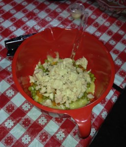 Mixing the chicken pot pie